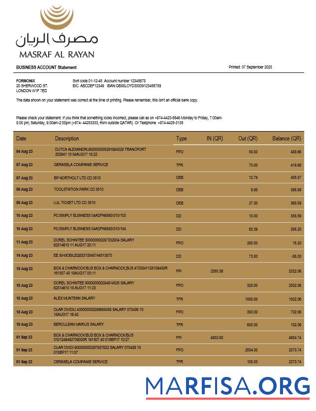 Blank Masraf Al Rayan Bank company checking account statement Word and PDF template